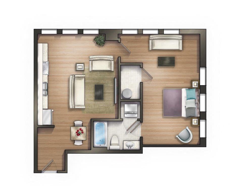 Floor plan for 1 bed, 1 bath, 799 sqft